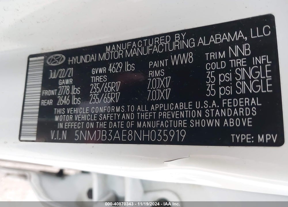 2022 HYUNDAI TUCSON SEL VIN: 5NMJB3AE8NH035919
