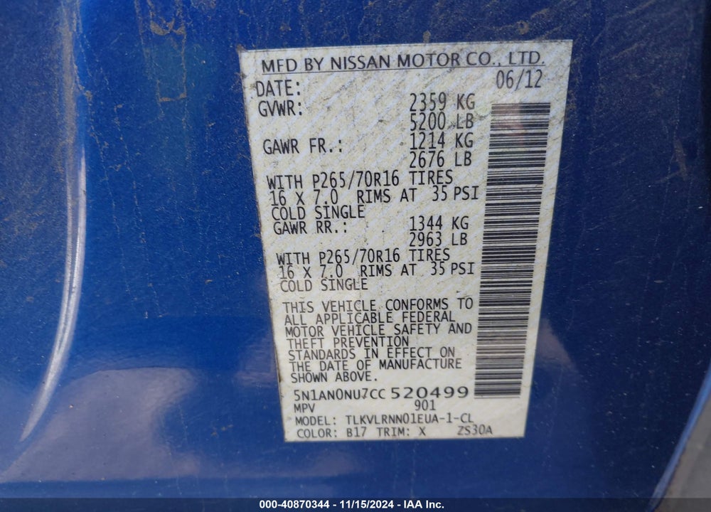 2012 NISSAN XTERRA S VIN: 5N1AN0NU7CC520499