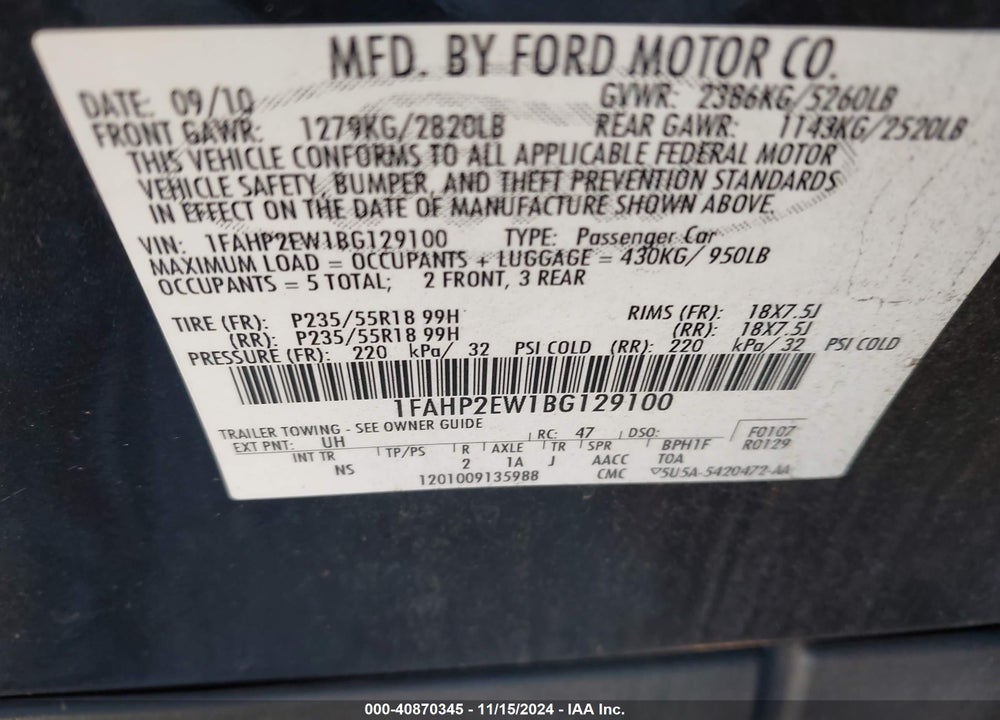 2011 FORD TAURUS VIN: 1FAHP2EW1BG129100