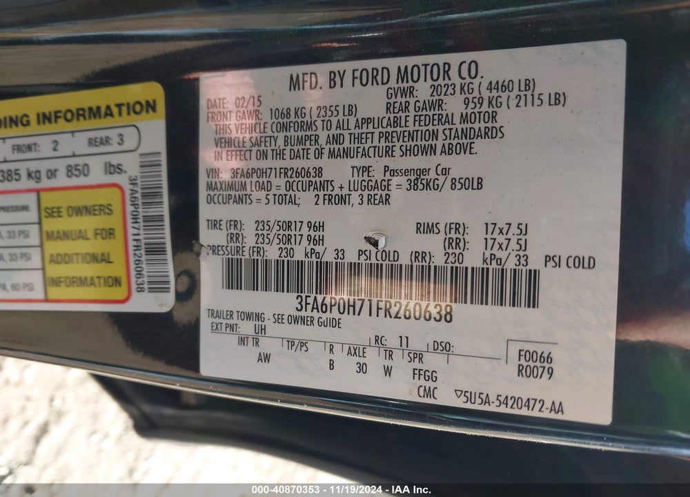 2015 FORD FUSION SE VIN: 3FA6P0H71FR260638