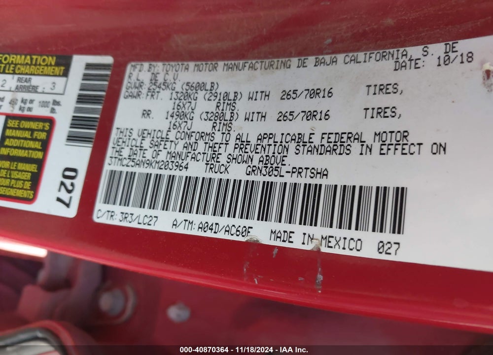 2019 TOYOTA TACOMA TRD OFF ROAD VIN: 3TMCZ5AN9KM203964
