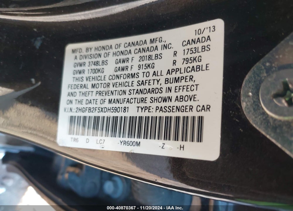 2013 HONDA CIVIC LX VIN: 2HGFB2F5XDH590181