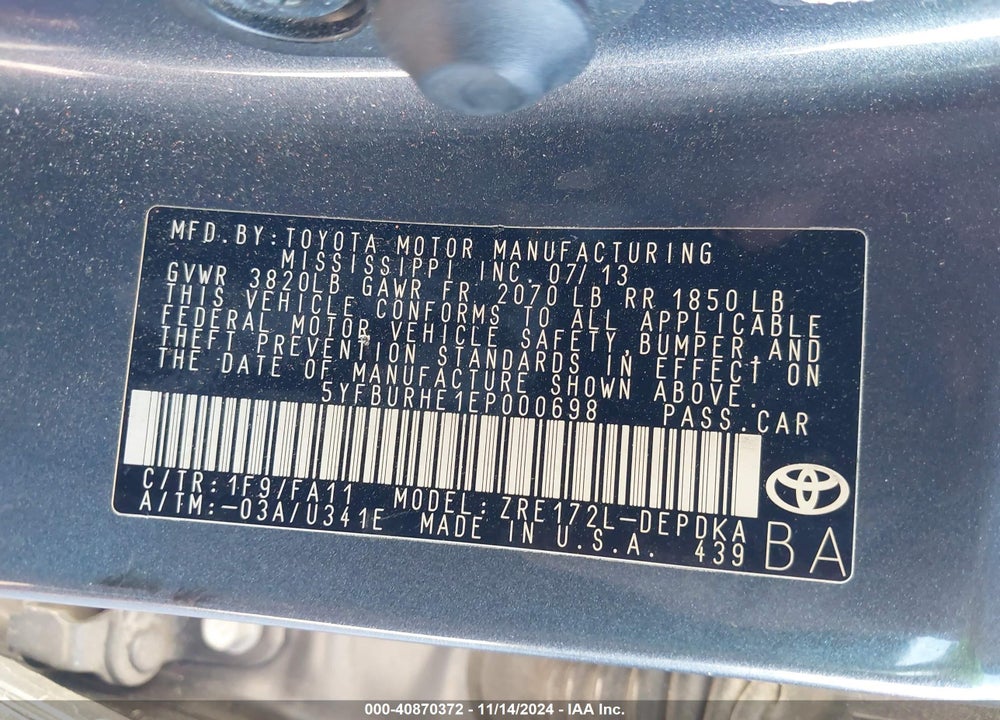 2014 TOYOTA COROLLA L VIN: 5YFBURHE1EP000698