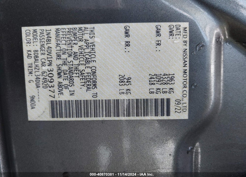 2023 NISSAN ALTIMA SV FWD VIN: 1N4BL4DV1PN309377