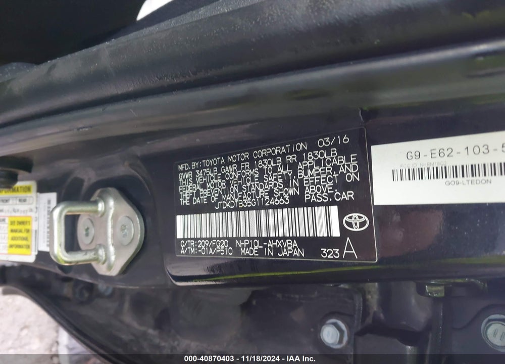 2016 TOYOTA PRIUS C TWO VIN: JTDKDTB35G1124663