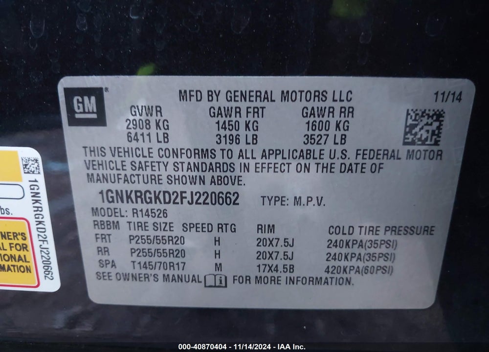 2015 CHEVROLET TRAVERSE 1LT VIN: 1GNKRGKD2FJ220662
