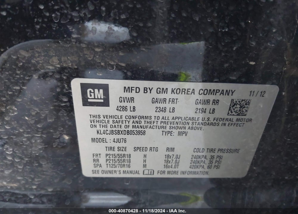 2013 BUICK ENCORE CONVENIENCE VIN: KL4CJBSBXDB053958