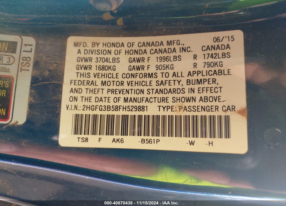 2015 HONDA CIVIC LX VIN: 2HGFG3B58FH529881