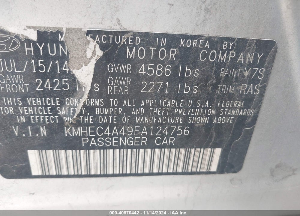 2015 HYUNDAI SONATA HYBRID LIMITED VIN: KMHEC4A49FA124756