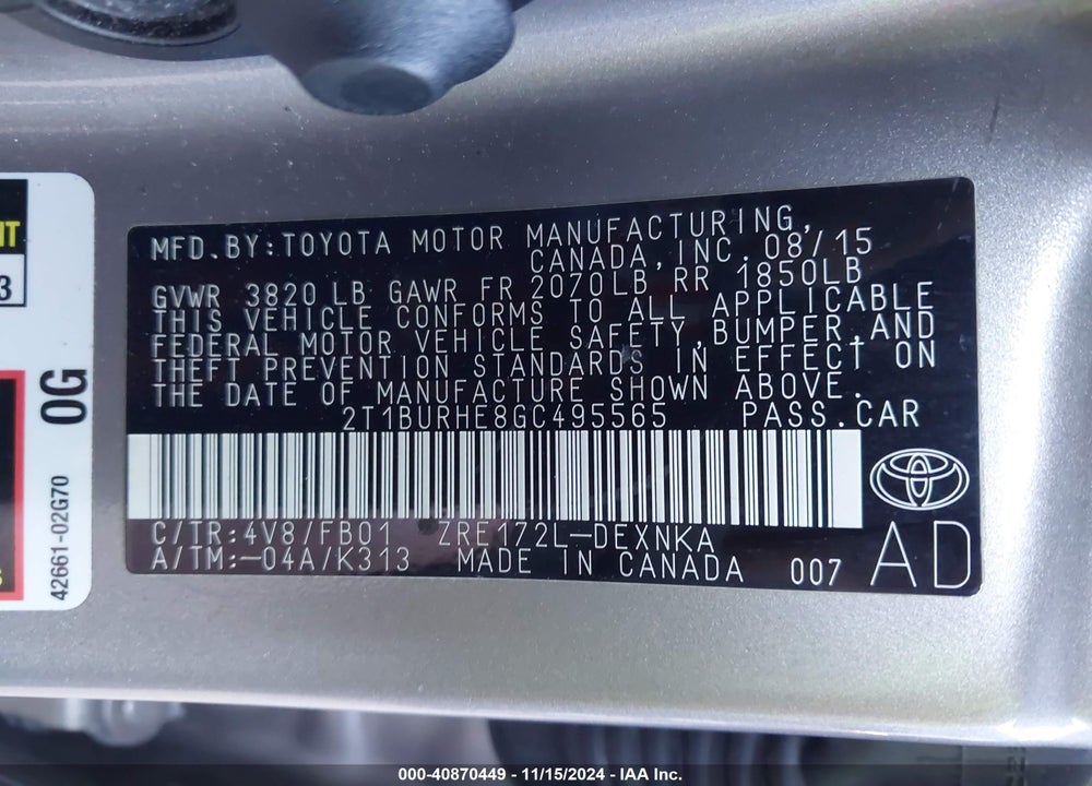 2016 TOYOTA COROLLA VIN: 2T1BURHE8GC495565