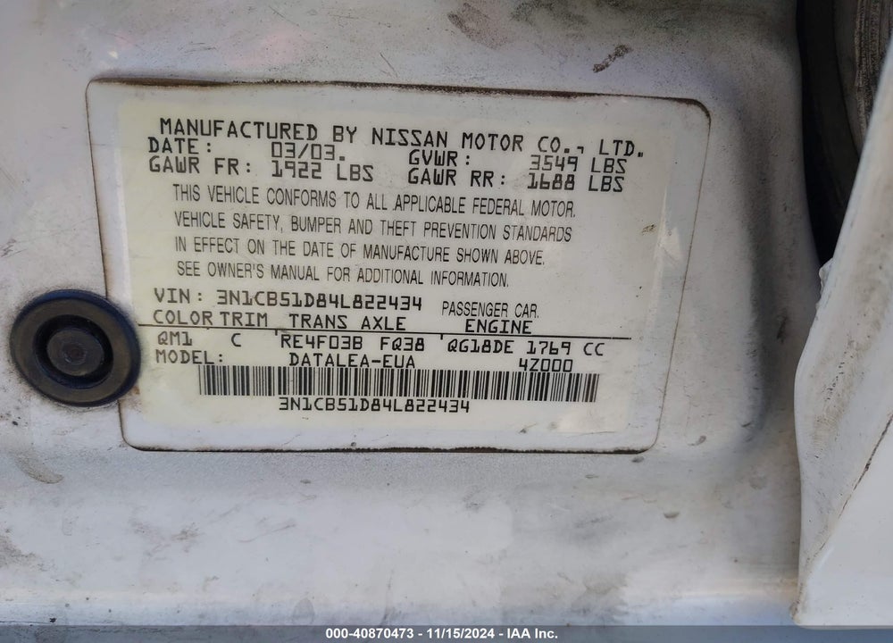 2004 NISSAN SENTRA 1.8S VIN: 3N1CB51D84L822434