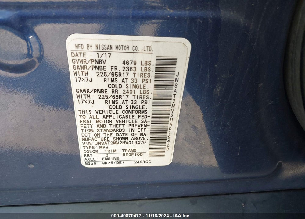 2017 NISSAN ROGUE VIN: JN8AT2MV2HW019420