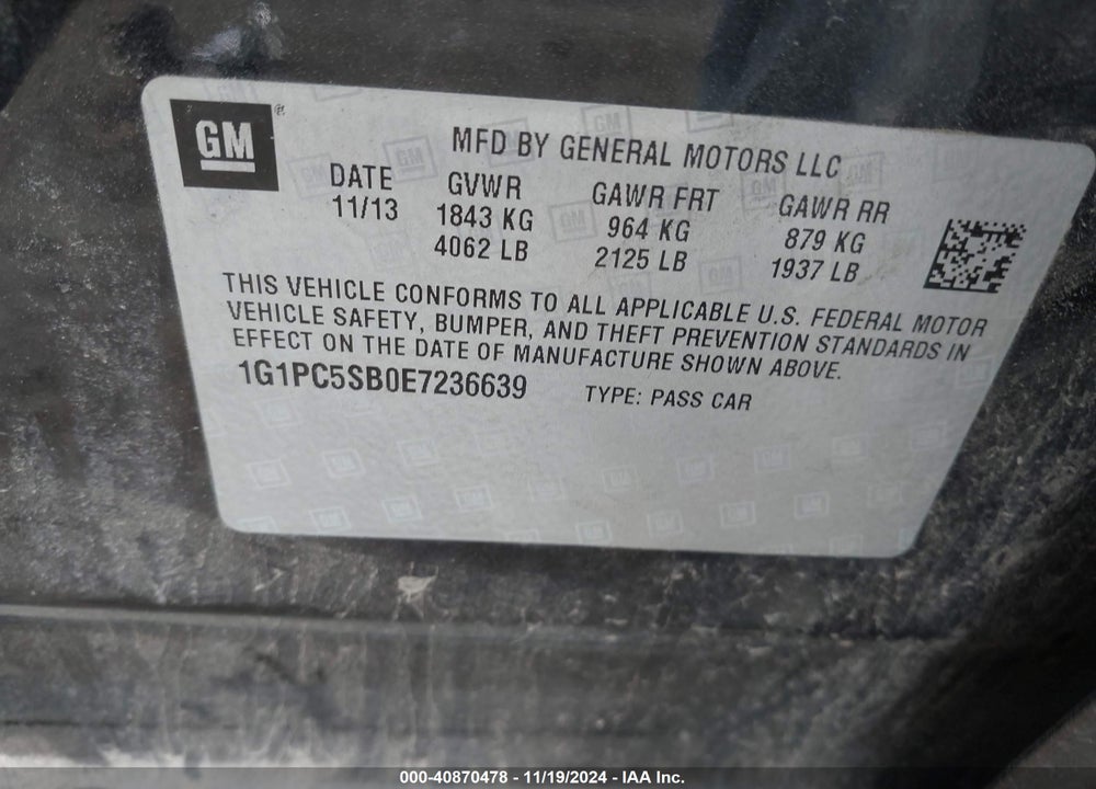 2014 CHEVROLET CRUZE 1LT AUTO VIN: 1G1PC5SB0E7236639