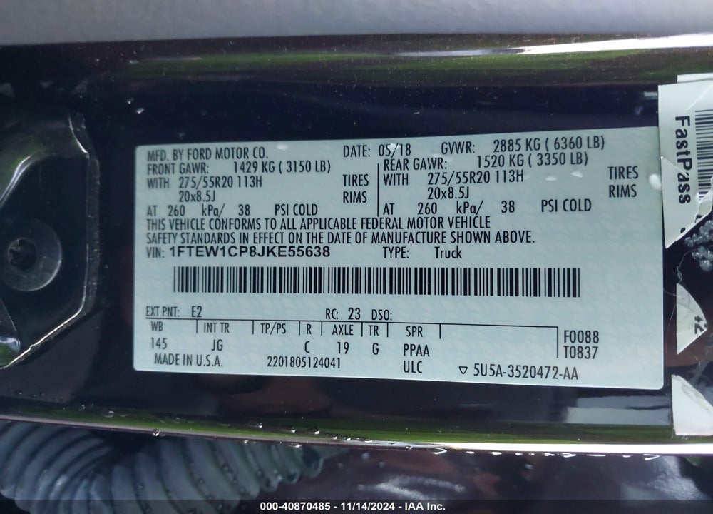 2018 FORD F-150 XL VIN: 1FTEW1CP8JKE55638