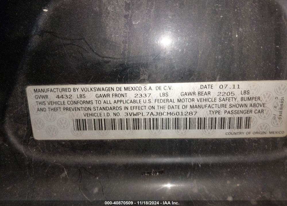 2012 VOLKSWAGEN JETTA SPORTWAGEN 2.0L TDI VIN: 3VWPL7AJ8CM601287