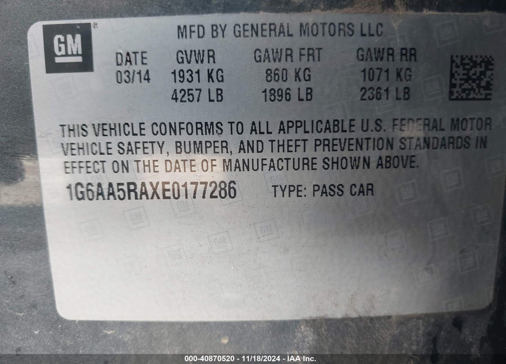 2014 CADILLAC ATS STANDARD VIN: 1G6AA5RAXE0177286