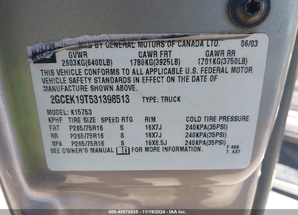 2003 CHEVROLET SILVERADO 1500 LS VIN: 2GCEK19T531398513