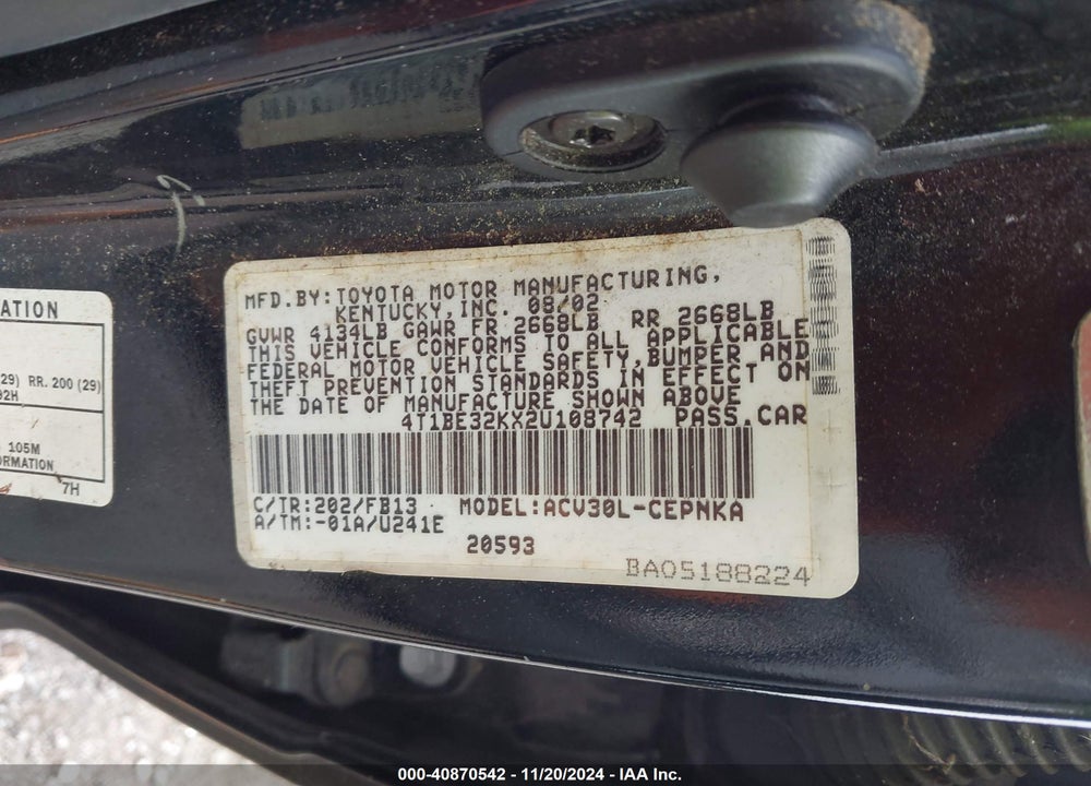 2002 TOYOTA CAMRY LE VIN: 4T1BE32KX2U108742