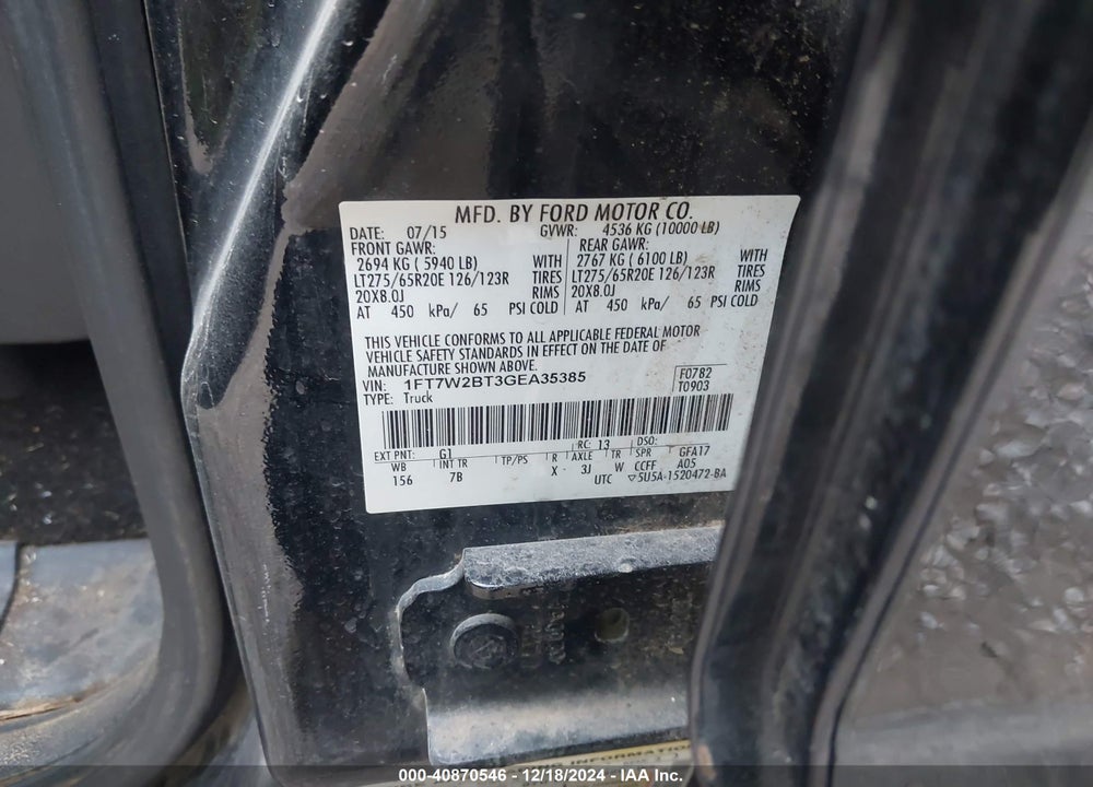 2016 FORD F-250 VIN: 1FT7W2BT3GEA35385
