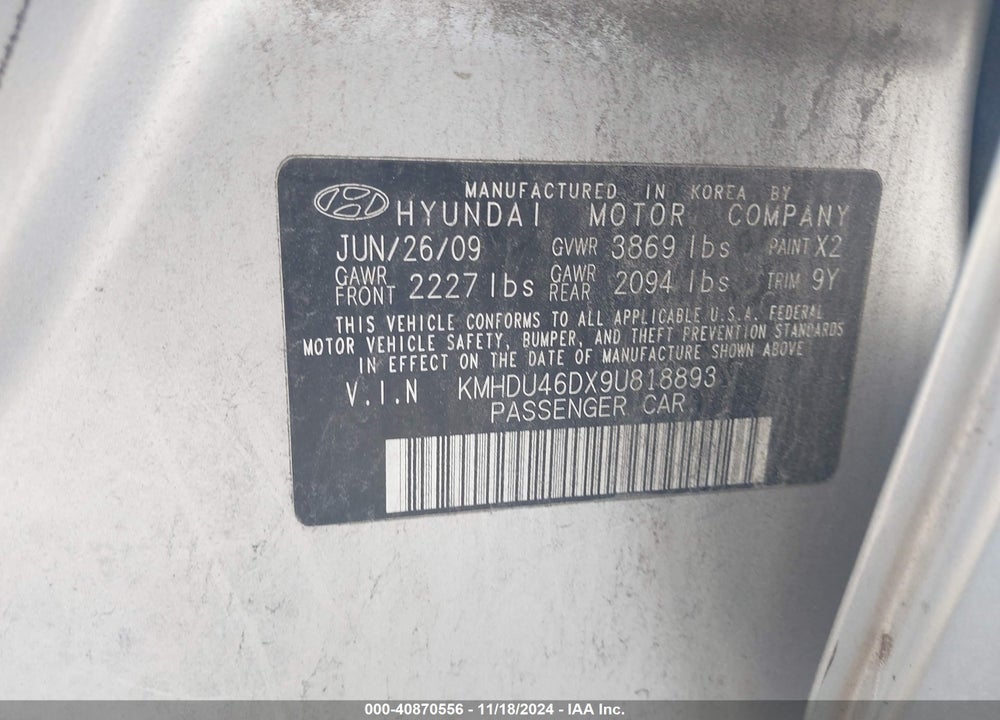 2009 HYUNDAI ELANTRA GLS VIN: KMHDU46DX9U818893