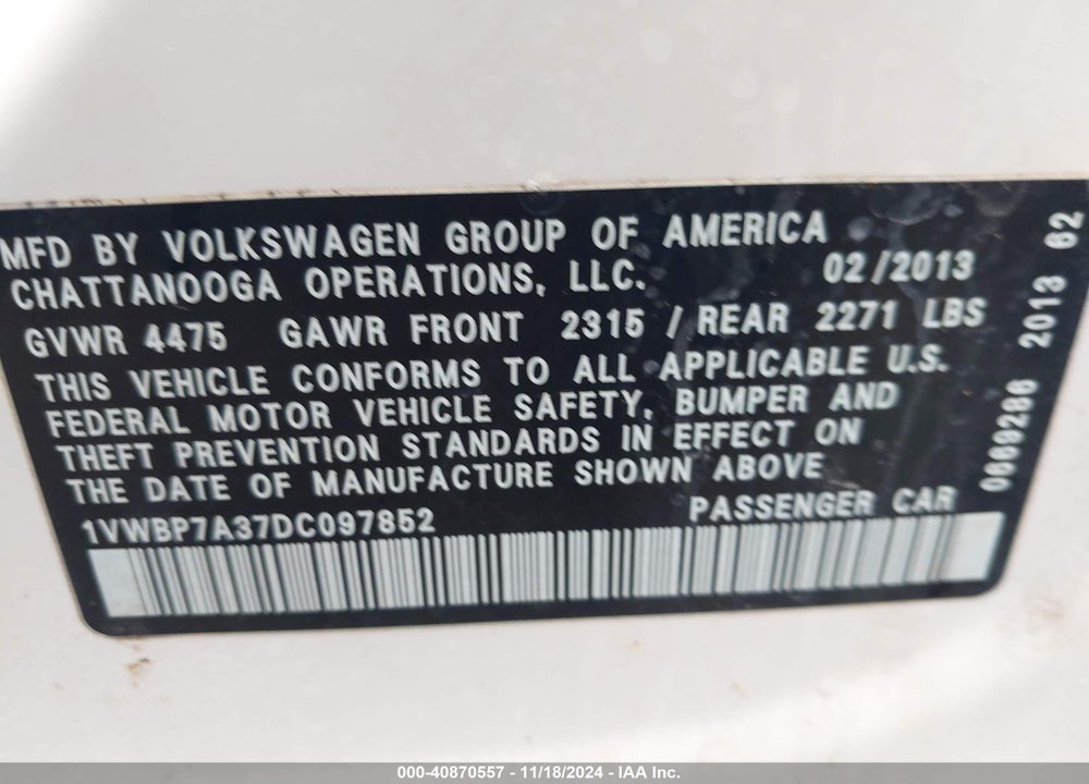 2013 VOLKSWAGEN PASSAT 2.5L SE VIN: 1VWBP7A37DC097852