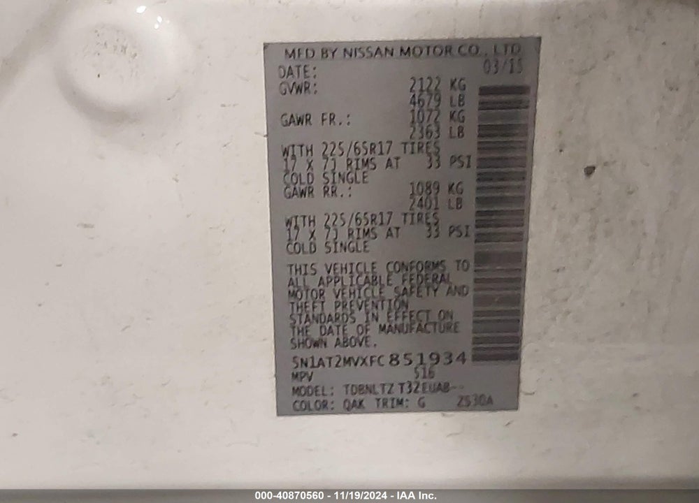 2015 NISSAN ROGUE SV VIN: 5N1AT2MVXFC851934