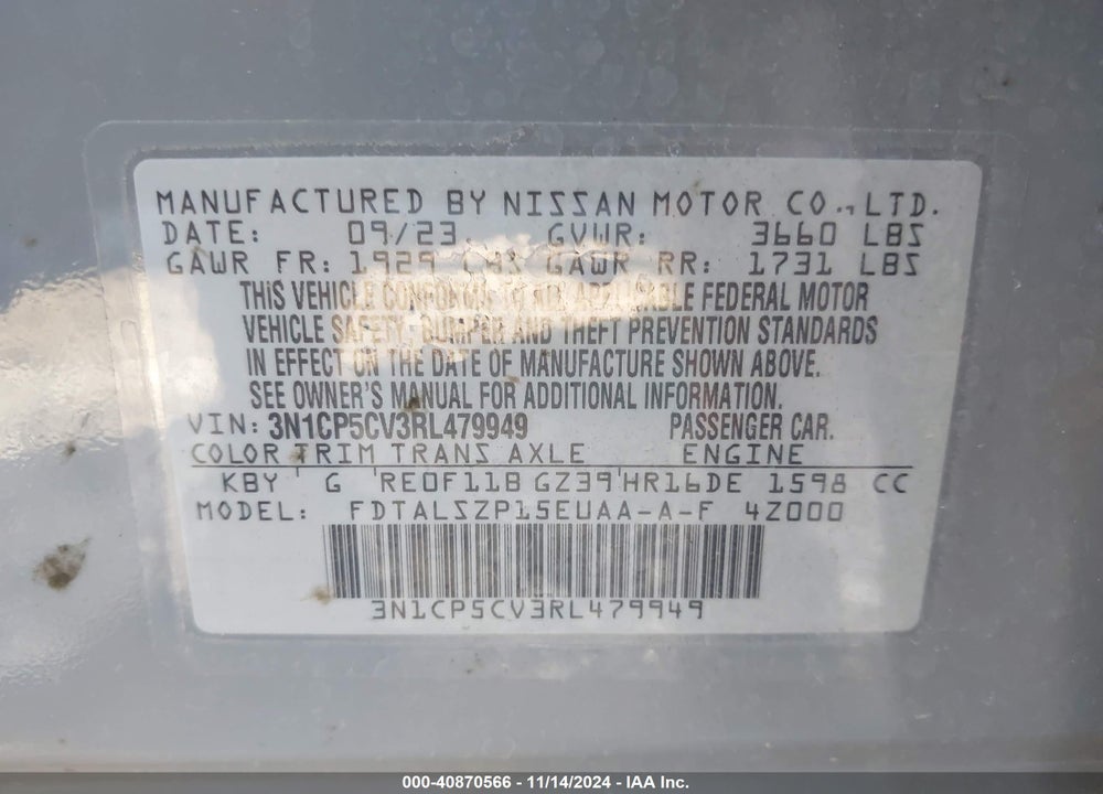 2024 NISSAN KICKS SV XTRONIC CVT VIN: 3N1CP5CV3RL479949