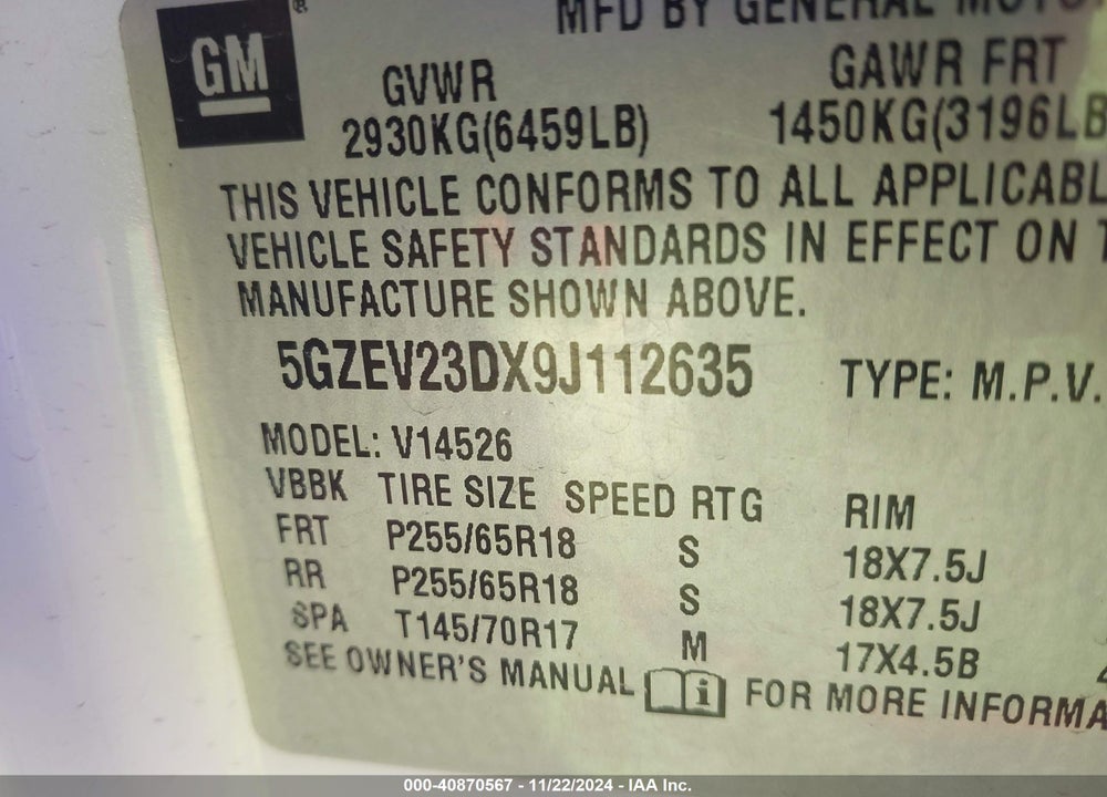 2009 SATURN OUTLOOK XR VIN: 5GZEV23DX9J112635