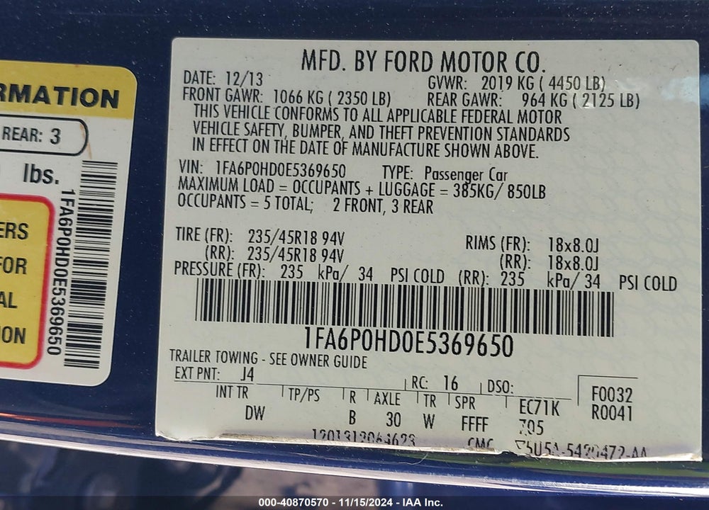 2014 FORD FUSION SE VIN: 1FA6P0HD0E5369650