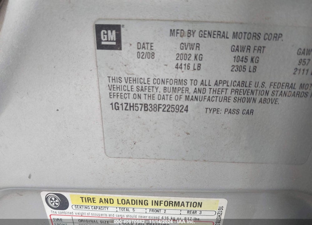 2008 CHEVROLET MALIBU LT VIN: 1G1ZH57B38F225924