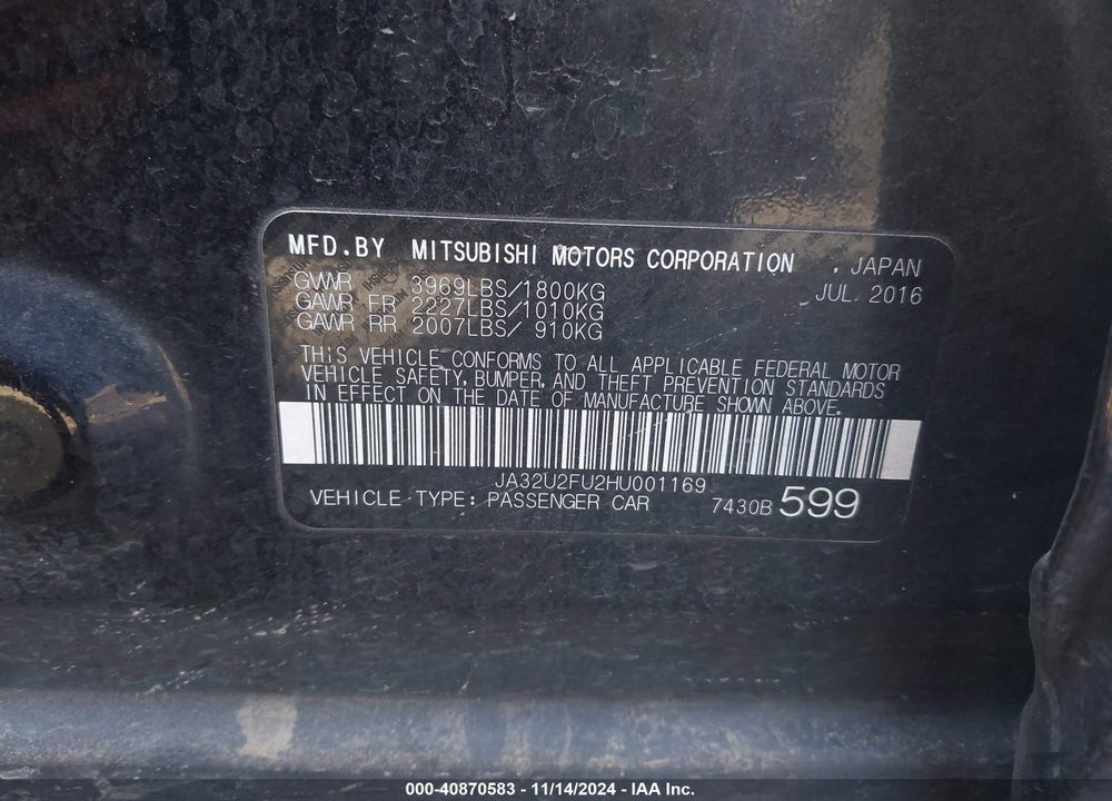 2017 MITSUBISHI LANCER ES/LE VIN: JA32U2FU2HU001169