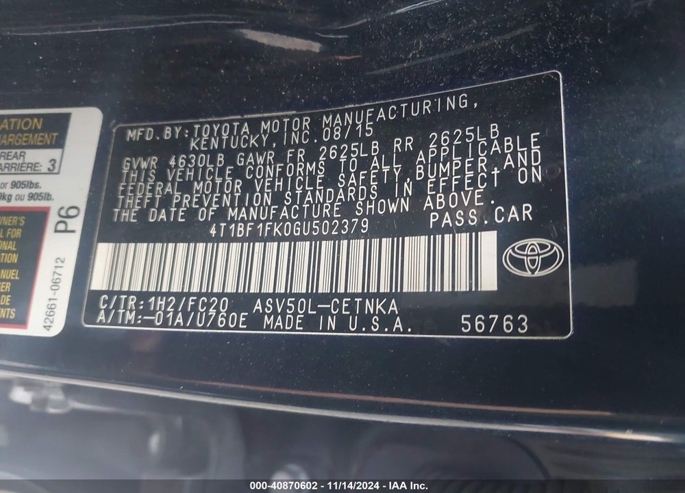 2016 TOYOTA CAMRY LE VIN: 4T1BF1FK0GU502379