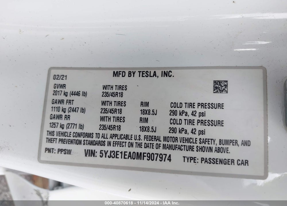 2021 TESLA MODEL 3 STANDARD RANGE PLUS REAR-WHEEL DRIVE VIN: 5YJ3E1EA0MF907974