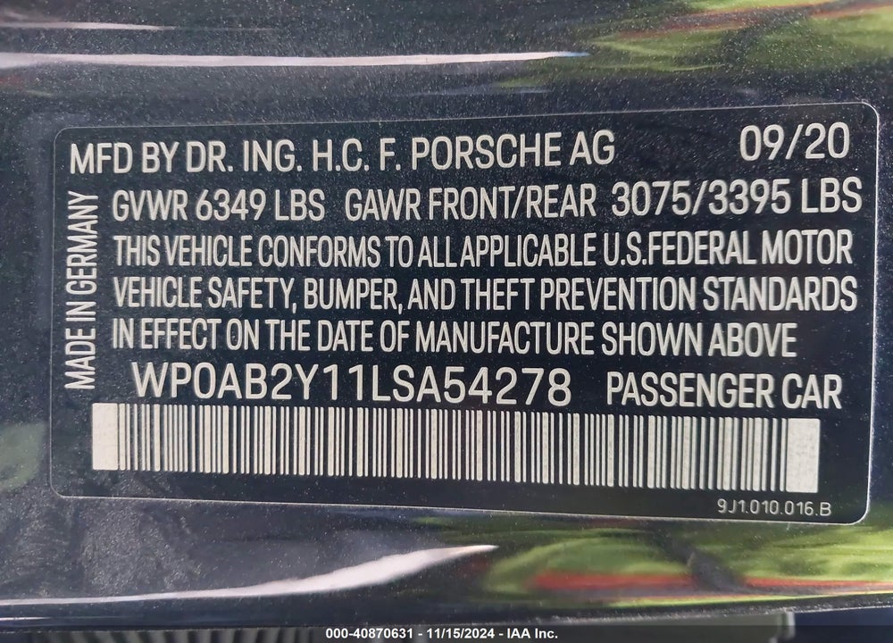2020 PORSCHE TAYCAN 4S VIN: WP0AB2Y11LSA54278