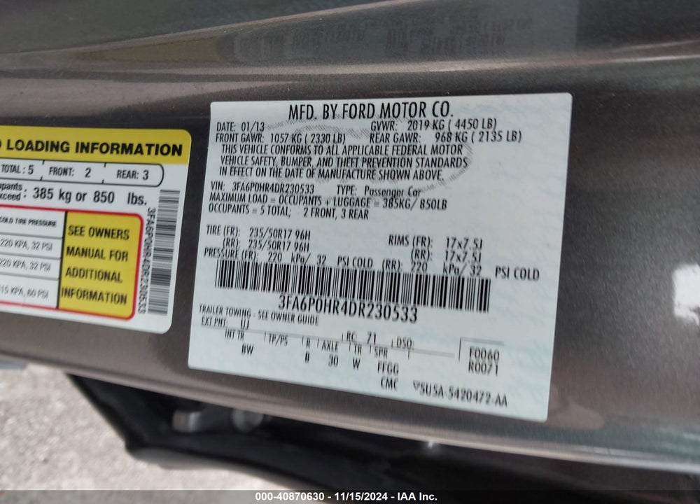 2013 FORD FUSION SE VIN: 3FA6P0HR4DR230533