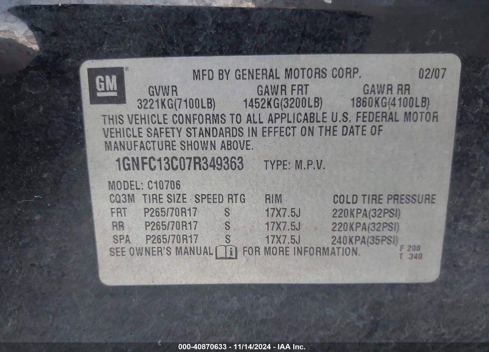 2007 CHEVROLET TAHOE LS VIN: 1GNFC13C07R349363