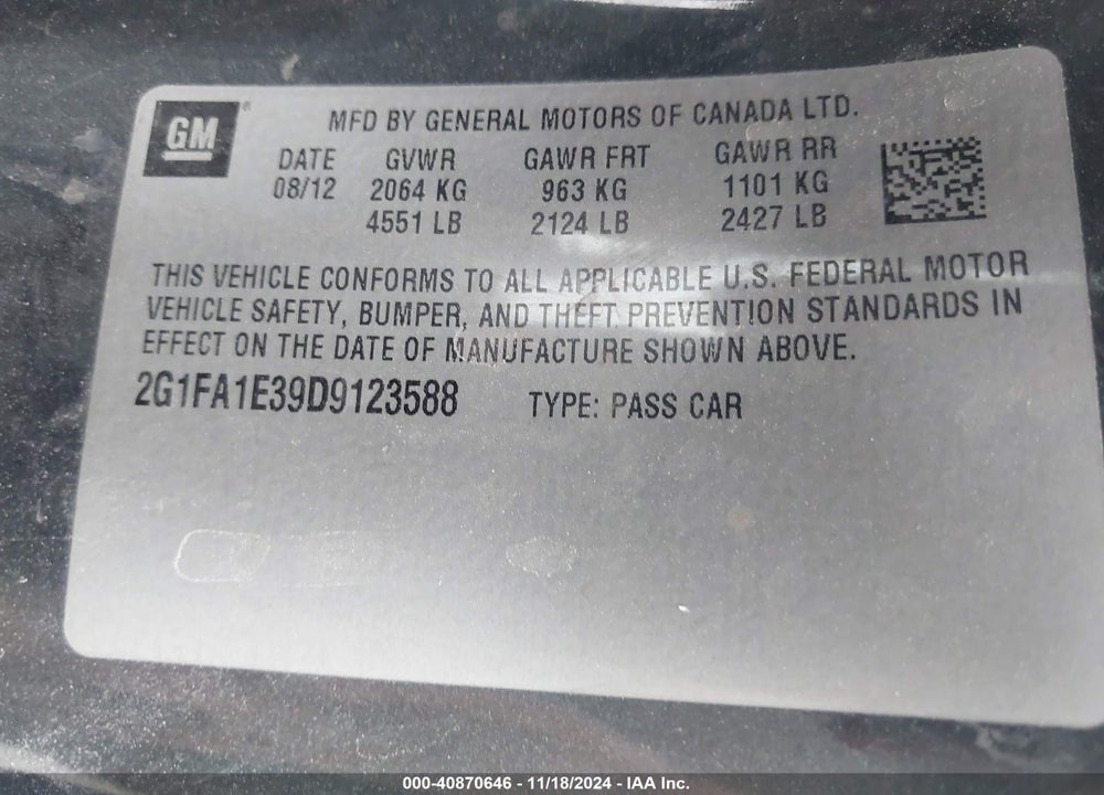 2013 CHEVROLET CAMARO 2LS VIN: 2G1FA1E39D9123588