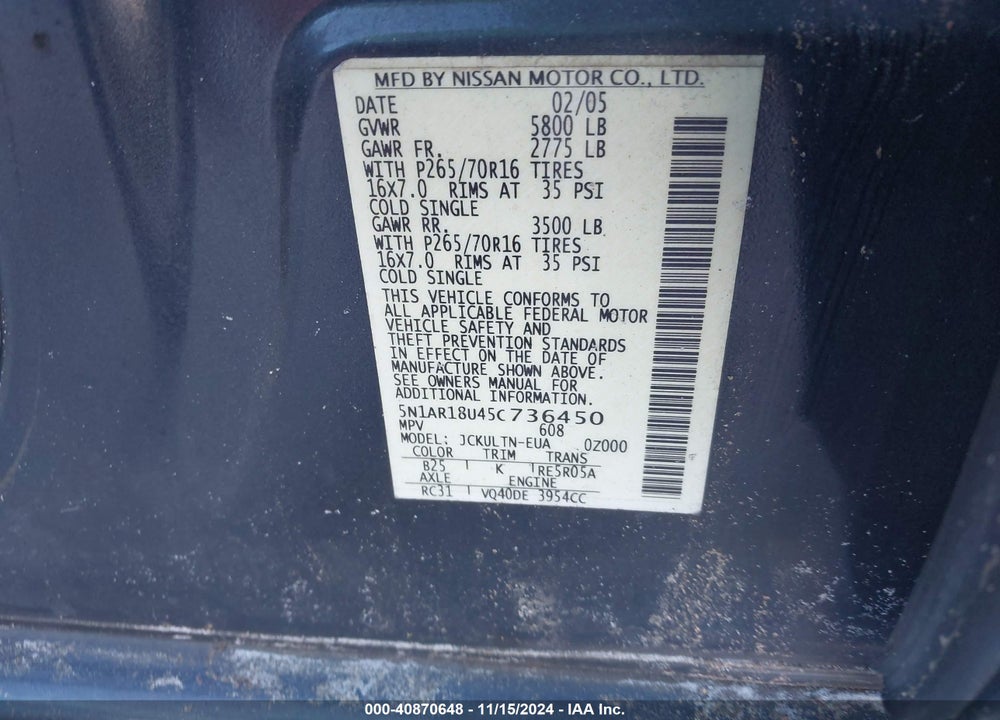 2005 PATHFINDER NISSAN  SE VIN: 5N1AR18U45C736450
