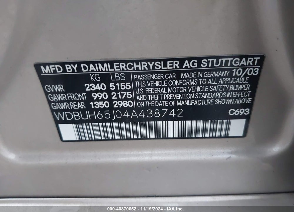 2004 MERCEDES-BENZ E 320 VIN: WDBUH65J04A438742