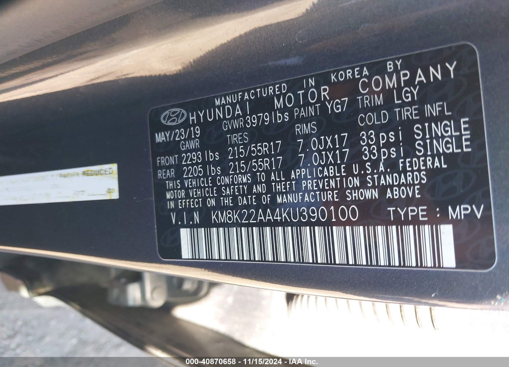 2019 HYUNDAI KONA SEL VIN: KM8K22AA4KU390100