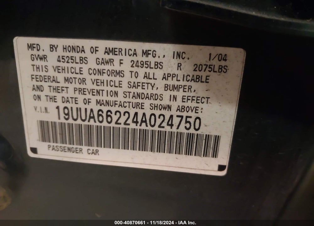 2004 ACURA TL VIN: 19UUA66224A024750
