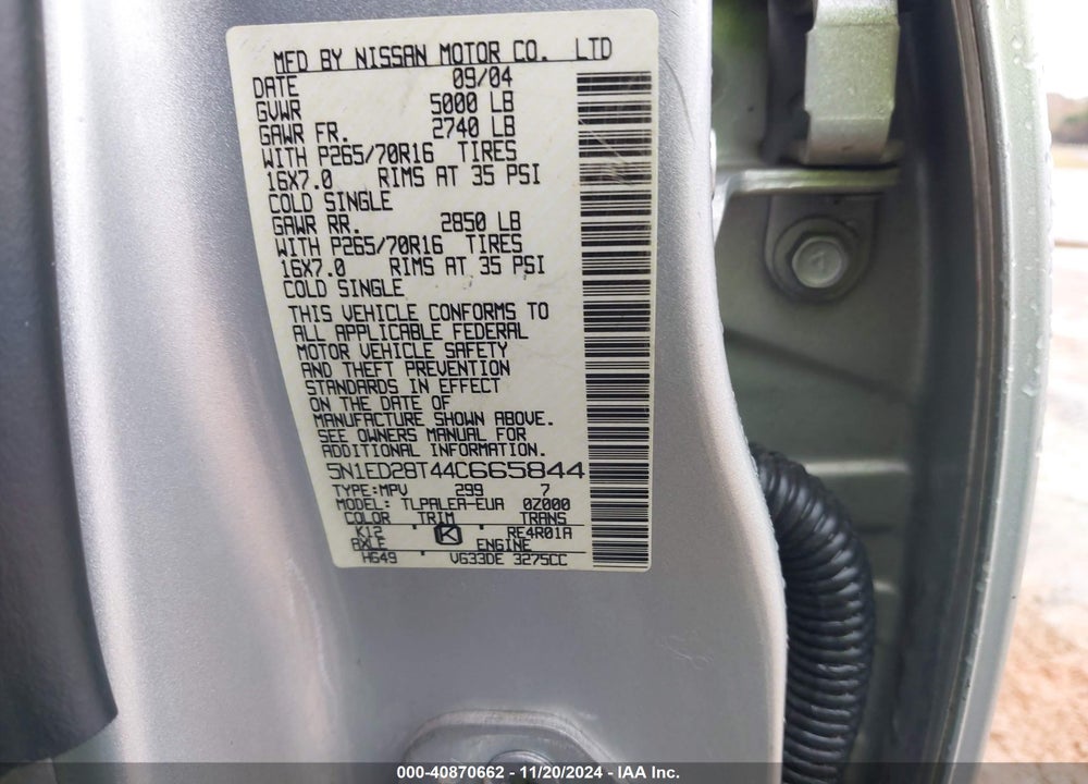 2004 NISSAN XTERRA XE VIN: 5N1ED28T44C665844