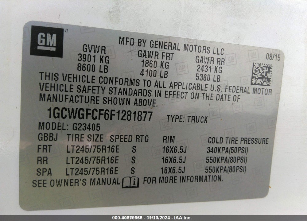2015 CHEVROLET EXPRESS 2500 WORK VAN VIN: 1GCWGFCF6F1281877