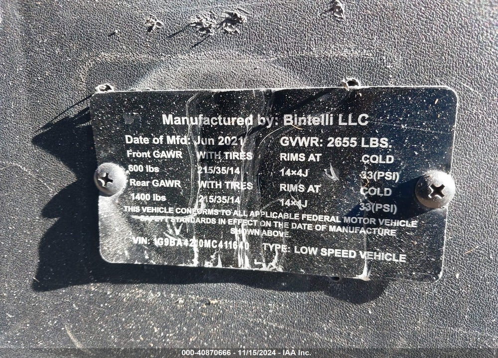2021 BINITELLI OTHER VIN: 1G9BA4210MC411640