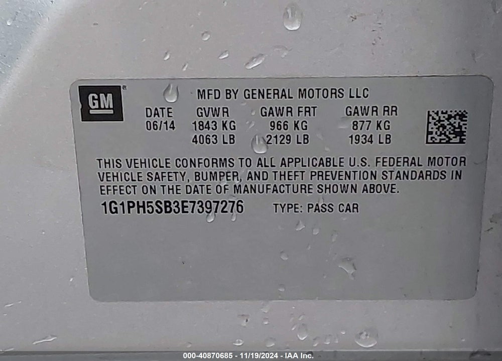2014 CHEVROLET CRUZE ECO AUTO VIN: 1G1PH5SB3E7397276