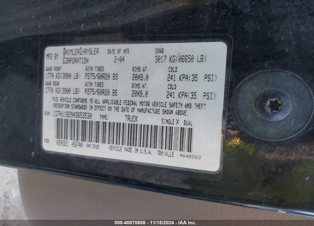 2004 DODGE RAM 1500 SLT/LARAMIE VIN: 1D7HU18D94S653530