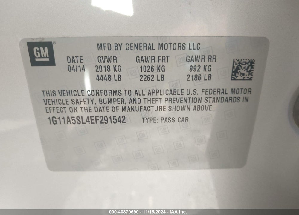 2014 CHEVROLET MALIBU LS VIN: 1G11A5SL4EF291542