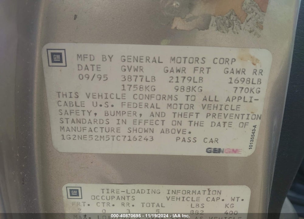 1996 PONTIAC GRAND AM SE VIN: 1G2NE52M5TC716243