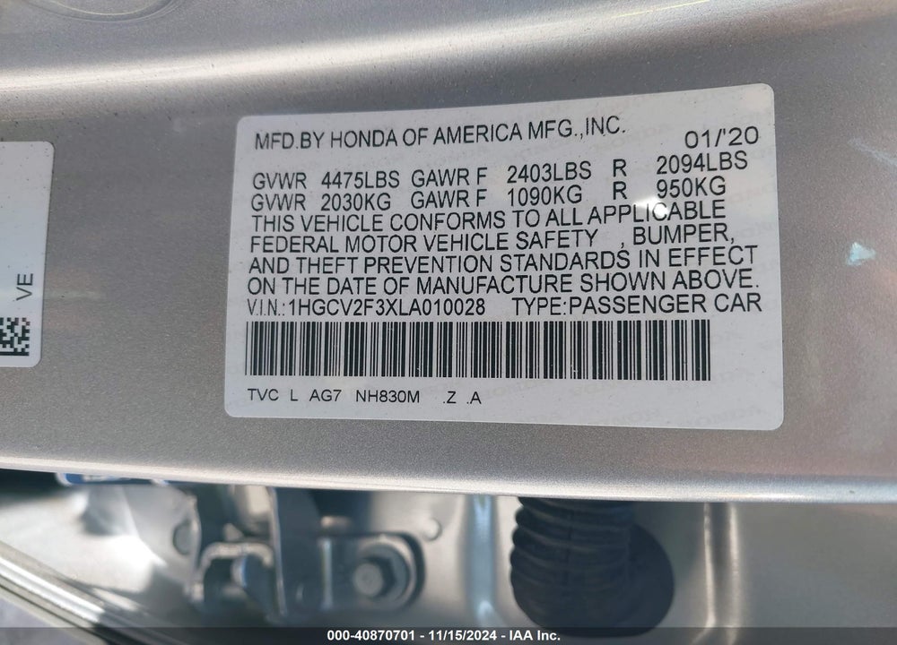 2020 HONDA ACCORD SPORT 2.0T VIN: 1HGCV2F3XLA010028