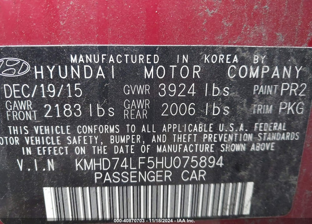2017 HYUNDAI ELANTRA VIN: KMHD74LF5HU075894